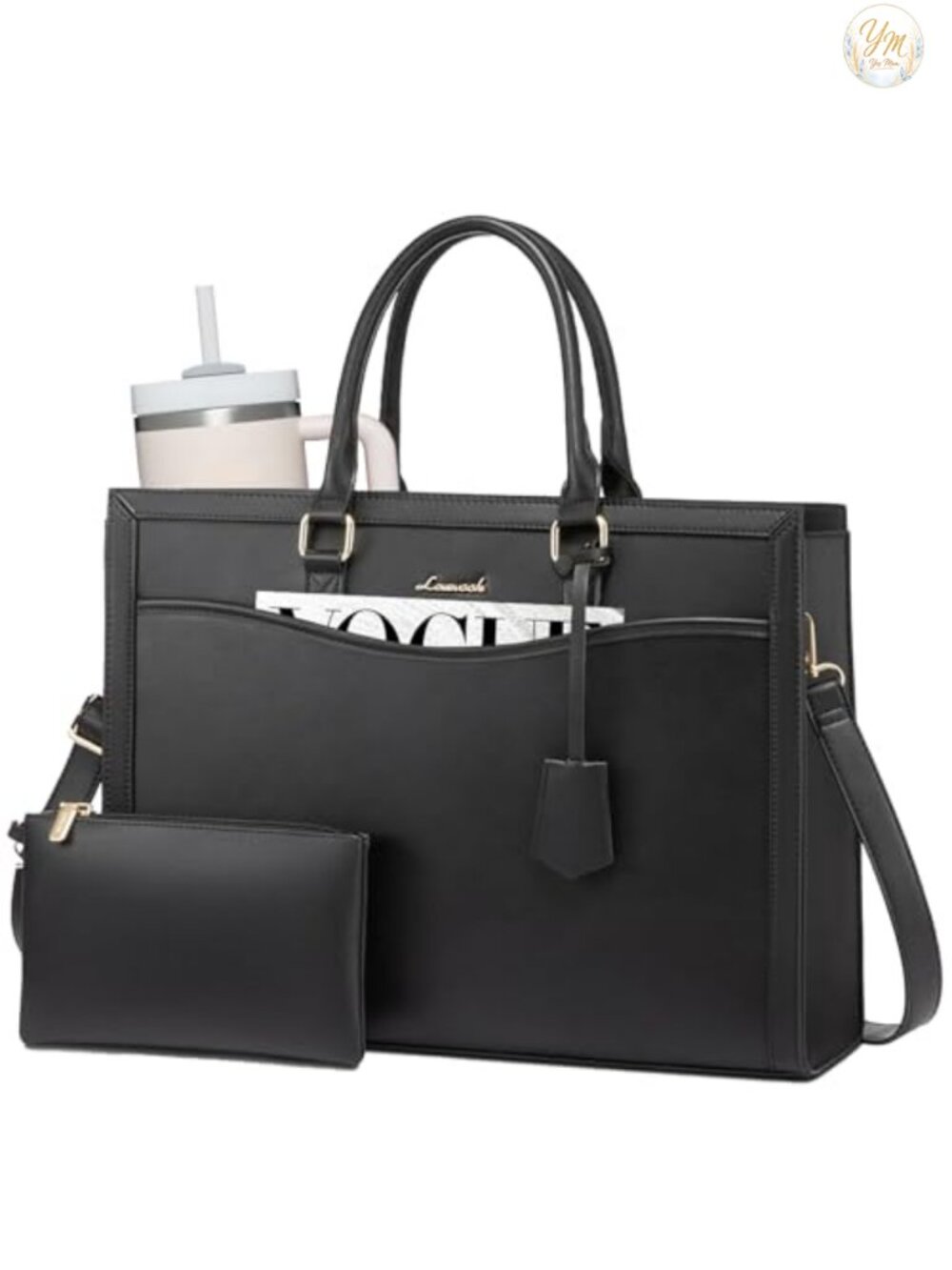 PU Leather Large Laptop Tote Bag with Cup Holder for Work